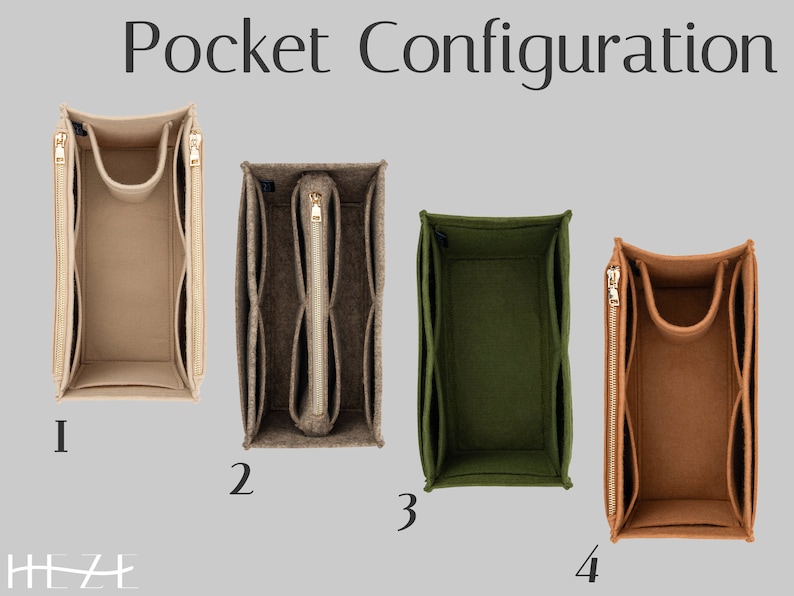 May include: Four felt bag organizers in various colors: beige, gray, olive green, and brown. Each organizer has multiple pockets and a zippered closure. The text "Pocket Configuration" is at the top.