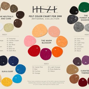 The image is a color chart for 2mm felt artichoke collection, displaying various felt colors and their corresponding index numbers.