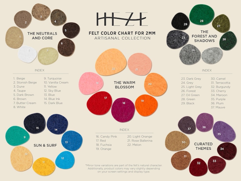 The image is a color chart for 2mm felt artichoke collection, displaying various felt colors and their corresponding index numbers.