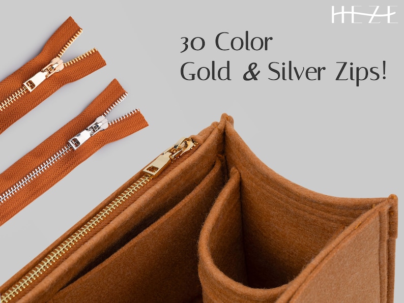 May include: An image showcasing a brown felt organizer with gold zippers. The image also displays three separate brown zippers with gold and silver metal teeth. Text reads "30 Color Gold & Silver Zips!"