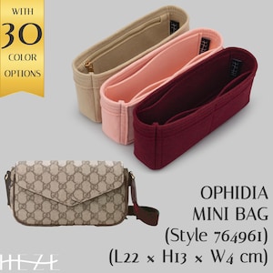 May include: A beige, pink, and burgundy felt bag organizer with the text "OPHIDIA MINI BAG (Style 764961) (L22 x H13 x W4 cm)" printed on a white background. A brown and beige patterned handbag with a flap closure is shown in the foreground.