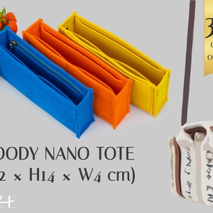 Puede incluir: Tres organizadores de bolso de fieltro en azul, naranja y amarillo. Los organizadores est&aacute;n dise&ntilde;ados para caber dentro de un bolso tote. El texto en la imagen dice "WOODY NANO TOTE (L12 x H14 x W4 cm)" y "HEZE".