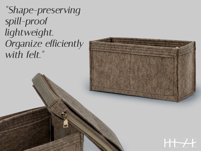 May include: A brown felt organizer with a zippered top and a rectangular shape. The image includes the text "Shape-preserving, spill-proof, lightweight. Organize efficiently with felt."