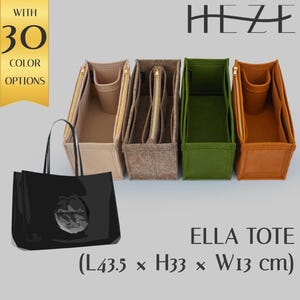 May include: A black tote bag with a glossy finish, next to four felt organizers in beige, brown, green, and orange. The organizers have zippered compartments and various pocket designs. The image includes text that says "ELLA TOTE" and "30 COLOR OPTIONS". The tote bag measures 17.1 inches long, 13 inches high, and 5.1 inches wide.