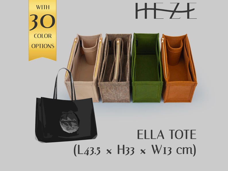 May include: A black tote bag with a glossy finish, next to four felt organizers in beige, brown, green, and orange. The organizers have zippered compartments and various pocket designs. The image includes text that says "ELLA TOTE" and "30 COLOR OPTIONS". The tote bag measures 17.1 inches long, 13 inches high, and 5.1 inches wide.