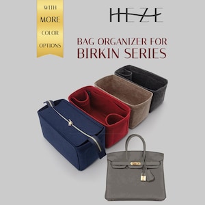 May include: Three felt bag organizers in navy blue, red, and beige, with a black one behind them. The navy blue organizer features a top zipper. Text reads HEZE BAG ORGANIZER FOR BIRKIN SERIES WITH MORE COLOR OPTIONS. A grey handbag is shown below.