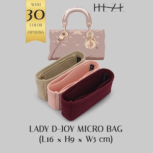 May include: Three felt handbag organisers in beige, light pink, and dark burgundy. The organisers are designed for a Lady D-Joy Micro Bag with dimensions L16 x H9 x W5 cm. A graphic shows a stylised handbag outline and the text WITH 30 COLOR OPTIONS.