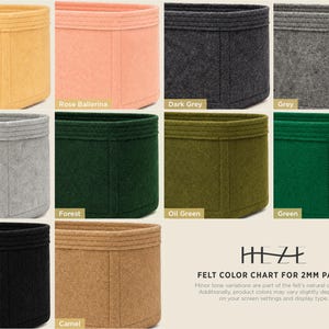 The image is a color chart for a 2mm part 3 of a felt product, displaying various shades of brown, black, camel, and green.