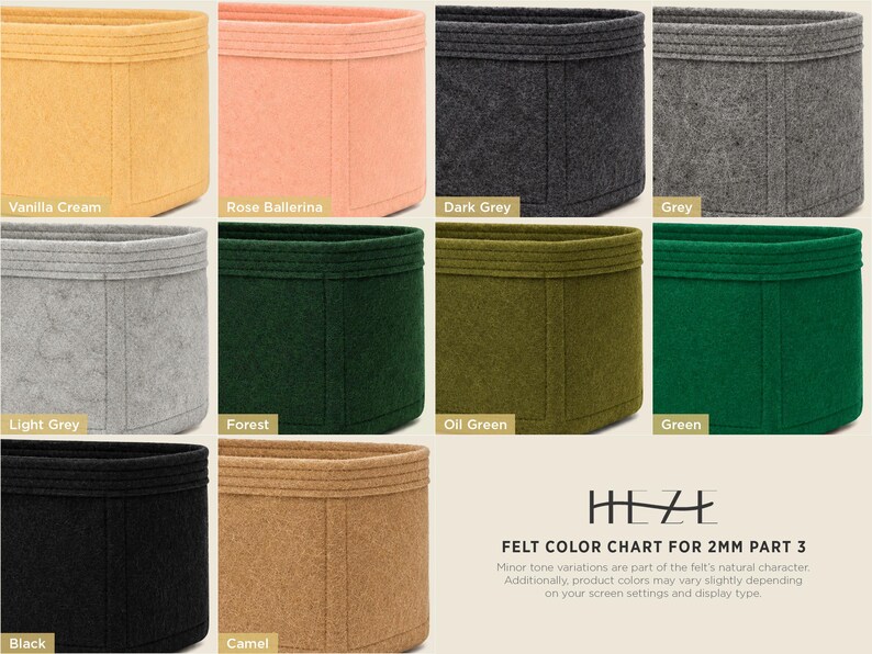 The image is a color chart for a 2mm part 3 of a felt product, displaying various shades of brown, black, camel, and green.