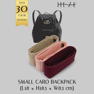 Puede incluir: Una mochila de charol negro con un logotipo dorado, acompañada de tres organizadores de bolso de fieltro en beige, rosa claro y burdeos. El texto dice HEZE, WITH 30 COLOR OPTIONS y SMALL CARO BACKPACK (L18 x H18.5 x W8.5 cm).