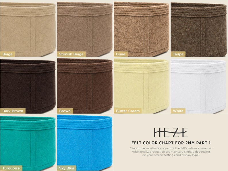 The image is a color chart for a 2mm part 1 of a felt product, displaying various shades of brown, beige, and white.