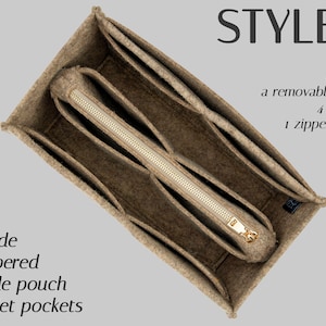 May include: Beige felt bag organizer, Style 2, with a removable pouch, four pockets, and a zippered middle pouch. The organizer has a gold zipper and includes a tablet pocket. The text on the image says "4 inside, 1 zippered middle pouch, 1 tablet pockets."