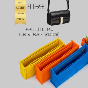 May include: Three rectangular felt bag organisers in yellow, orange, and blue, each with multiple interior compartments. Text reads: WITH MORE COLOR OPTIONS, HEZE, MALLETTE BAG (L19 x H9.9 x W5.5 cm). A black handbag is shown above the organisers.