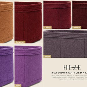 The image is a color chart for felt character 4, showing various shades of brown, burgundy, maroon, terracotta, plum, mauve, and purple.
