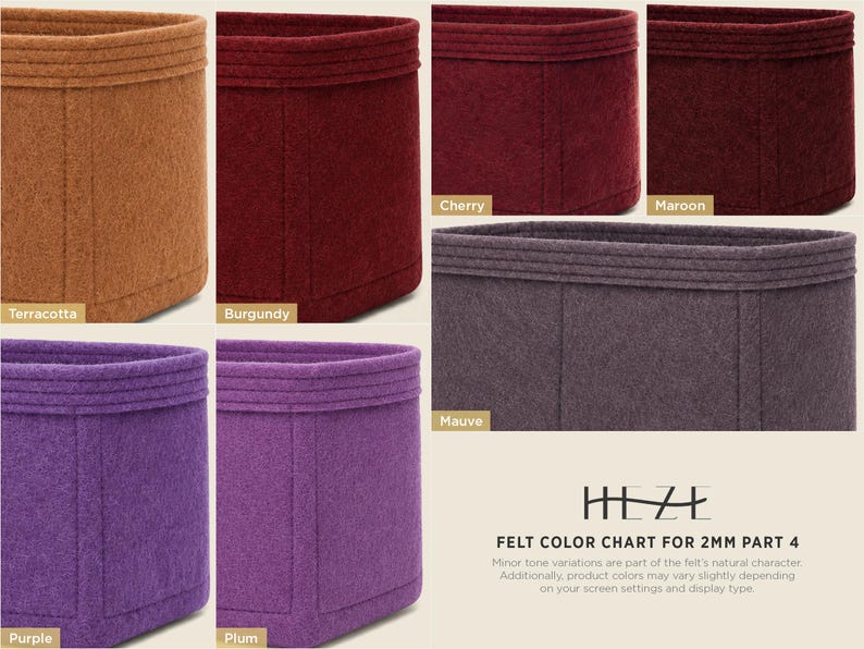 The image is a color chart for felt character 4, showing various shades of brown, burgundy, maroon, terracotta, plum, mauve, and purple.