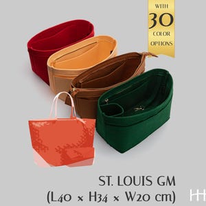 May include: Four felt handbag organizers in red, beige, brown, and green, each featuring multiple interior pockets and a zipper closure. A graphic of an orange tote bag is shown alongside text stating WITH 30 COLOR OPTIONS, ST. LOUIS GM (L40 x H34 x W20 cm), and HEZE.
