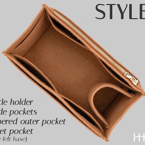 May include: A brown felt bag organizer with multiple compartments. Features include a bottle holder, five inside pockets, a zippered outer pocket, and a tablet pocket. The text "STYLE 4" is at the top. The organizer has a double felt base.