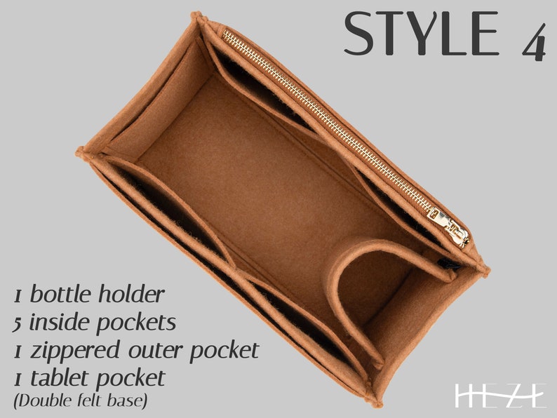 May include: A brown felt bag organizer with multiple compartments. Features include a bottle holder, five inside pockets, a zippered outer pocket, and a tablet pocket. The text "STYLE 4" is at the top. The organizer has a double felt base.