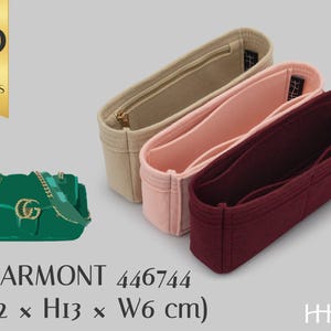 May include: Three felt handbag organizers in beige, light pink, and dark burgundy, each with internal compartments. A small green handbag with a gold logo is shown alongside text stating 30 color options and dimensions of 22 x 13 x 6 cm.