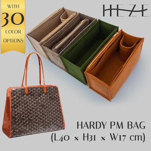 May include: A brown and orange tote bag with a geometric pattern, next to three organizer inserts in beige, green, and orange. The bag is labeled "HARDY PM BAG" and measures approximately 15.7 x 12.2 x 6.7 inches. The image also includes a banner that says "WITH 30 COLOR OPTIONS."