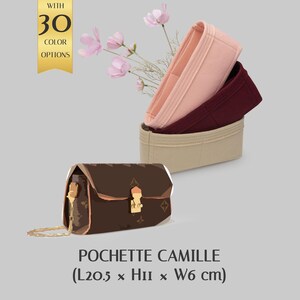 May include: A brown monogram patterned pochette with a gold chain strap and a gold clasp. Three felt bag organisers in light pink, dark burgundy, and beige are stacked behind it. Text reads POCHETTE CAMILLE (L20.5 x H11 x W6 cm) and WITH 30 COLOR OPTIONS.