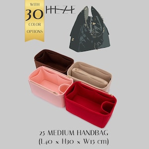 Könnte beinhalten: Eine Auswahl an Handtaschen-Organisatoren in verschiedenen Farben, darunter Rosa, Rot, Beige und Braun. Das Bild zeigt auch eine dunkelgrüne Handtasche und den Text "25 Medium Handbag (L40 x H30 x W15 cm)" und "With 30 Color Options".
