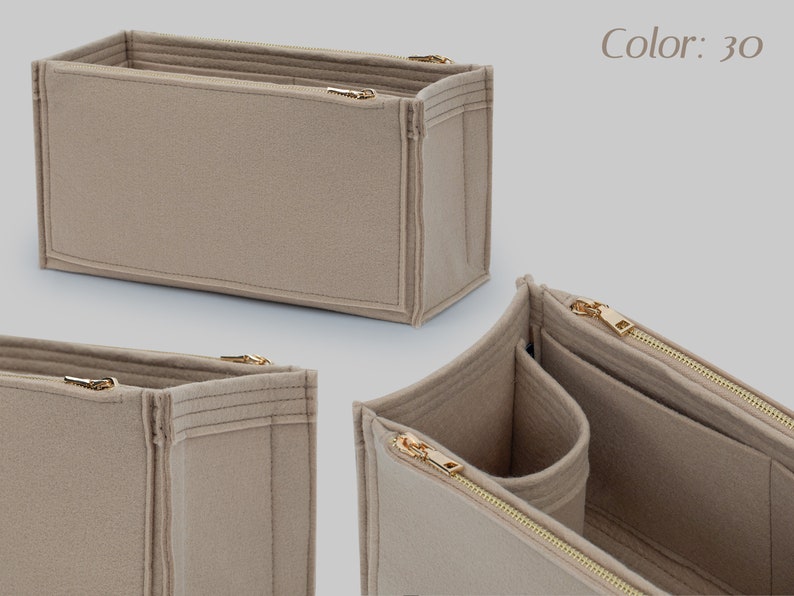 May include: Beige felt bag organizers with gold-colored zippers. The organizers have multiple compartments and are designed to fit inside a handbag. The text "Color: 30" is visible in the image.