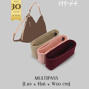 May include: Three felt handbag organizers in beige, light pink, and dark burgundy. Each organizer features multiple interior compartments and a zipper closure. A graphic of a handbag is shown with the text "WITH 30 COLOR OPTIONS", "HEZE", "MULTIPASS", and "(L30 x H26 x W10 cm)".