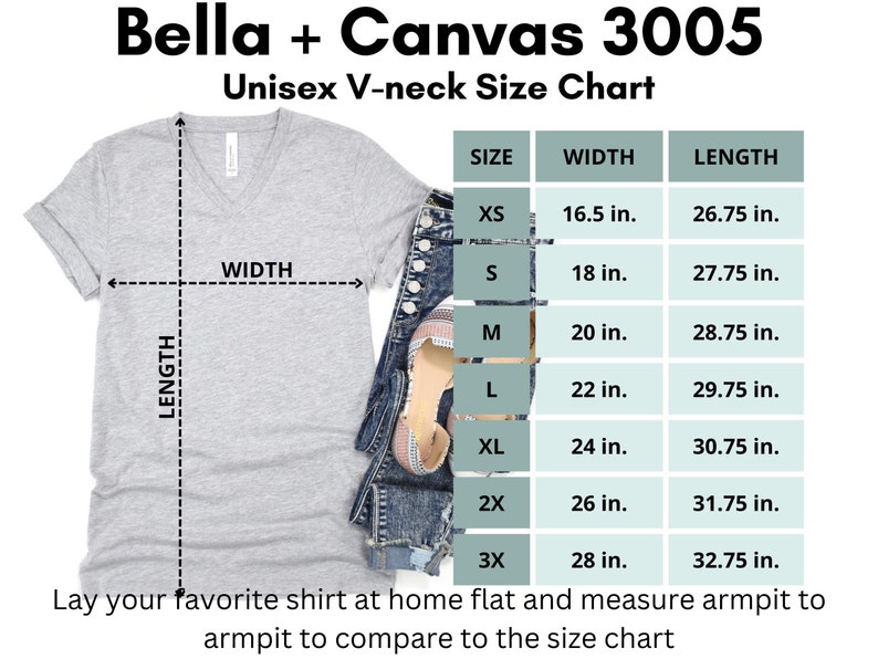 K&ouml;nnte beinhalten: Hellgraues Bella + Canvas 3005 Unisex-V-Ausschnitt-T-Shirt mit Gr&ouml;&szlig;entabelle. Die Tabelle zeigt Ma&szlig;e f&uuml;r die Gr&ouml;&szlig;en XS bis 3X, mit Breiten von 41,9 cm bis 71,1 cm und L&auml;ngen von 67,9 cm bis 83,2 cm.