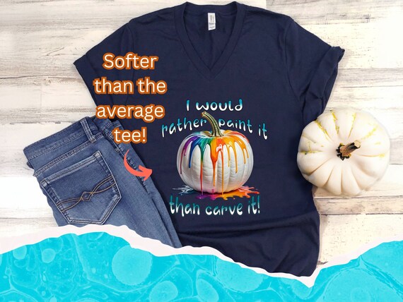 V-Neck Pumpkin Shirt for Artist, Artsy Gift T-Shirt for Art Teacher, Fall tee for Mom, Comfortable T shirt for Craft Show, Wear to Festival