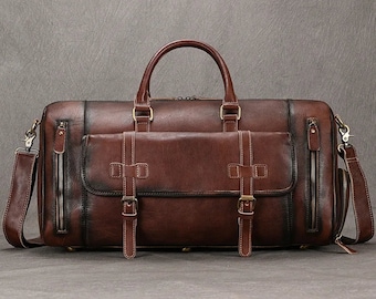 Grand sac de voyage vintage pour homme en cuir véritable, grand sac à main pour homme, sac de voyage idéal pour les voyages d'aventure et la randonnée.