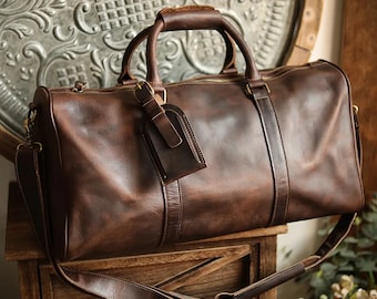 Vintage Genuine Leather Men's Travel Bag Crazy Horse Leather Duffel Bag Large Capacity Top-Layer Cowhide Handbag Crossbody Adjustable Strap