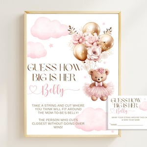 Qual é o tamanho da barriga dela, jogo de ursinho rosa, podemos esperar, é uma menina, jogo de tamanho da barriga da mamãe para chá de bebê, para impressão, não editável, BS01
