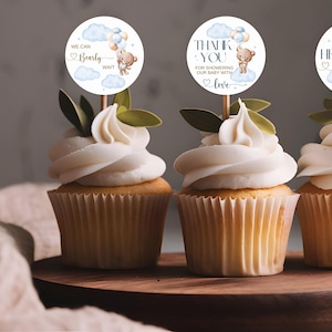Cupcake Toppers, süßer blauer Teddybär Baby Shower Cupcake Toppers, Cupcake Topper, druckbare Cupcake Topper, Junge Baby Party Dekoration, BS00