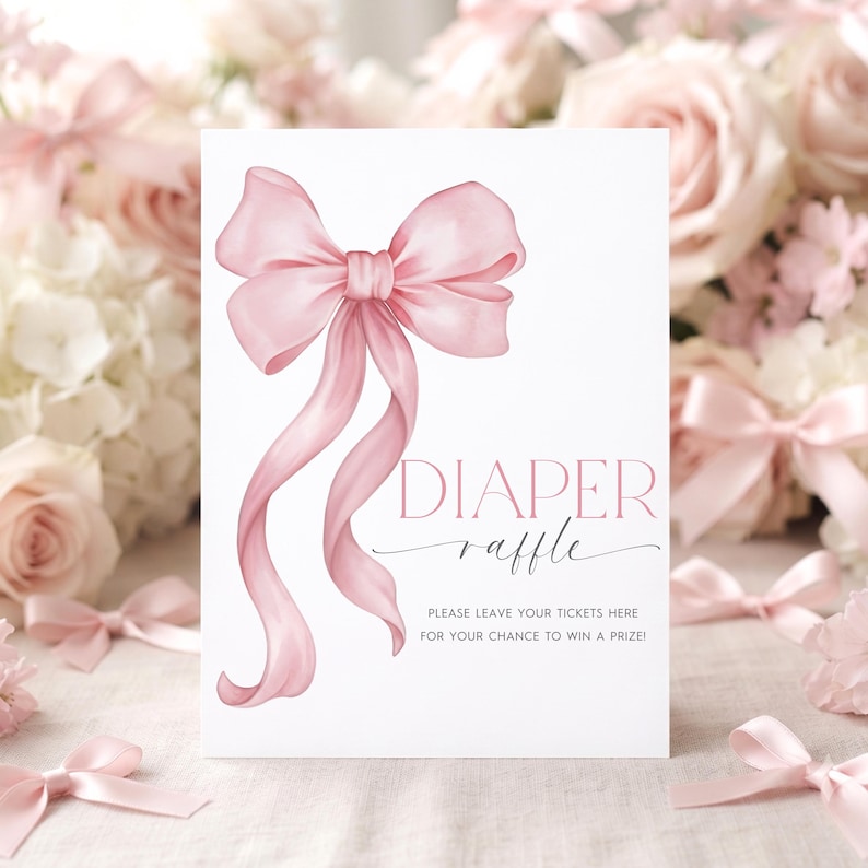 Diaper Raffle Draw Sign Pink Bow Diaper Raffle Ticket and Sign 8x10 | Blush Coquette Baby ...