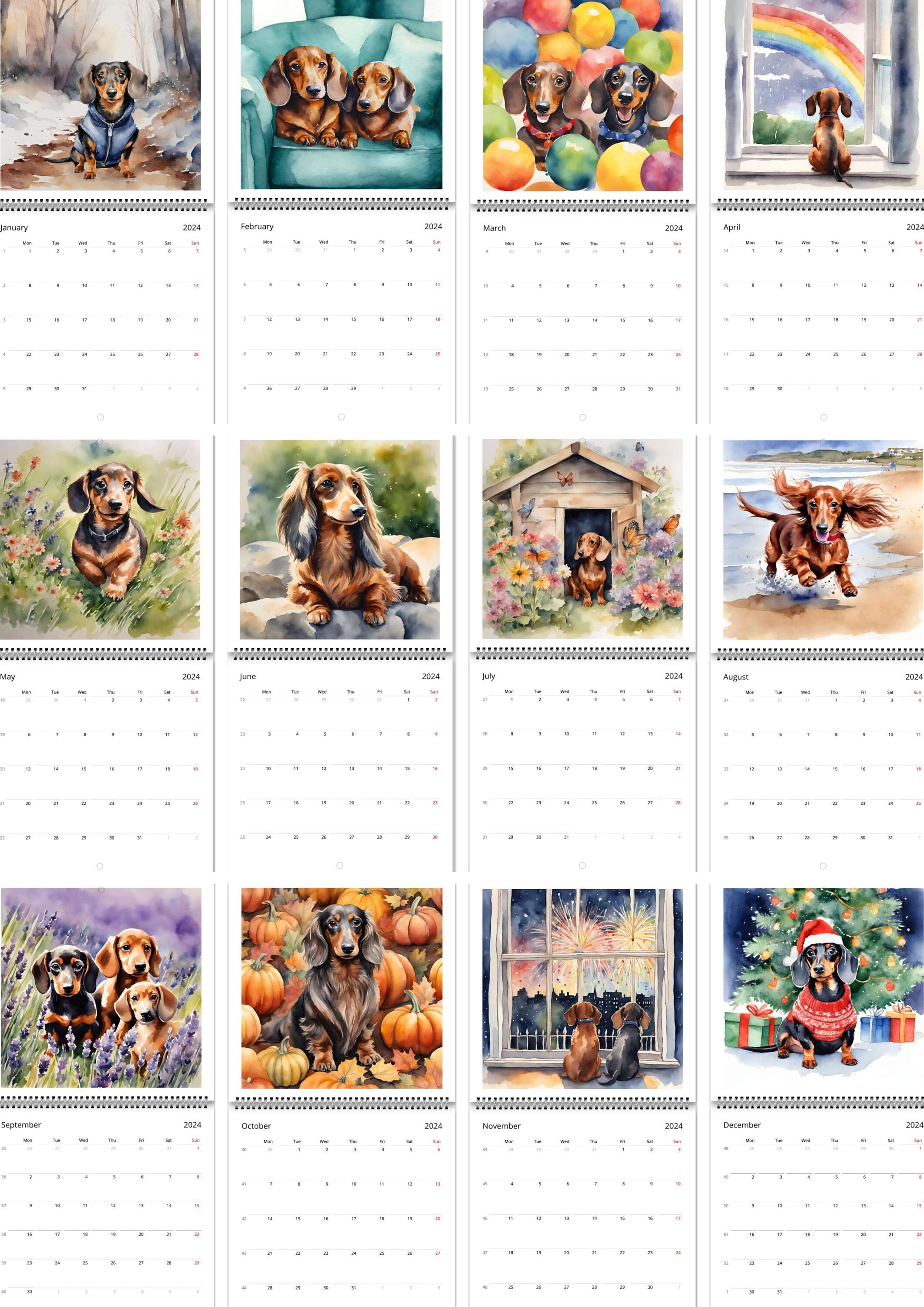 2024 Dachshund Wall Calendar Dogs Watercolour Sausage Dogs Large One
