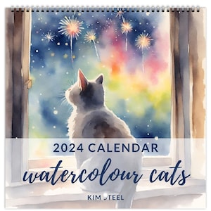 2024 Cats Wall Calendar | Cats | Watercolour | Large One page a month calendar | Gift | Wall art