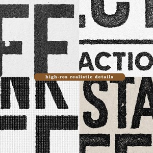 May include: A digital graphic featuring black, textured, distressed typography on a light-coloured background. The text includes fragments of letters and words such as FF, INK, ACTION, and STAMP, with a central brown banner reading high-res realistic details.