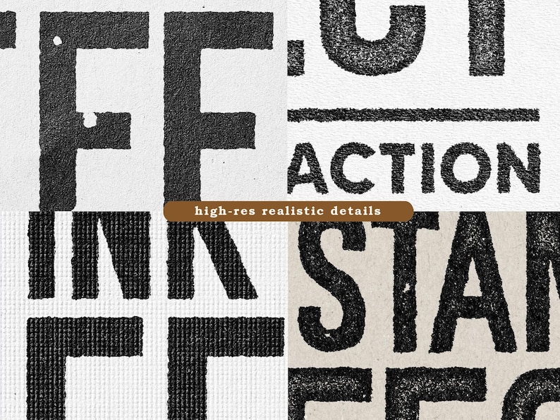 May include: A digital graphic featuring black, textured, distressed typography on a light-coloured background. The text includes fragments of letters and words such as FF, INK, ACTION, and STAMP, with a central brown banner reading high-res realistic details.