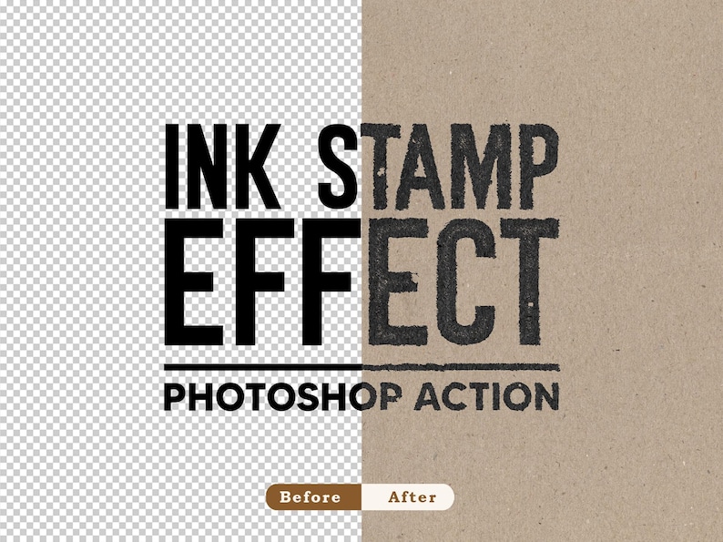May include: A digital graphic displaying the text INK STAMP EFFECT PHOTOSHOP ACTION. The left side shows clean black lettering on a transparent background, while the right side shows the same text with a textured, weathered ink stamp appearance.