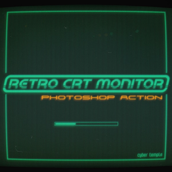 Photoshop Action Retro CRT Monitor Effect, analógico, futurista, píxel, falla, acción con un clic con patrones de medios tonos y mapas de desplazamiento