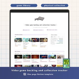 Könnte beinhalten: Eine digitale Notion-Vorlage zur Verwaltung von Videospielsammlungen und Backlogs. Die Benutzeroberfläche enthält Bereiche für aktuell gespielte Titel, eine Jahresübersicht und eine Spielebibliothek mit Coverbildern, Titeln und Status-Tags.