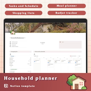 Notion household planner, household template, house manager, notion dashboard, life planner, budget tracker, meal planner, aesthetic