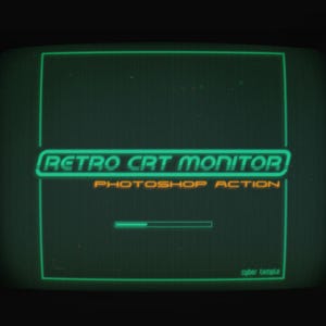 May include: A digital display screen featuring a green glowing border and scanline texture. The text reads RETRO CRT MONITOR in green, PHOTOSHOP ACTION in orange, and cyber temple in the bottom right corner, with a green loading bar below.