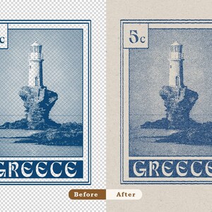 May include: A rectangular postage stamp featuring a blue ink illustration of a lighthouse perched on a rocky outcrop. The stamp includes the text 5c in the top left corner and the word GREECE in a bold font at the bottom, set against a textured background.