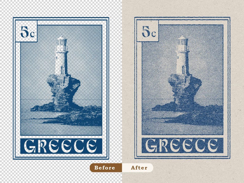 May include: A rectangular postage stamp featuring a blue ink illustration of a lighthouse perched on a rocky outcrop. The stamp includes the text 5c in the top left corner and the word GREECE in a bold font at the bottom, set against a textured background.