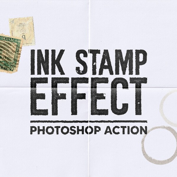 Photoshop Action Ink Stamp Effect, print effect, ink on paper effect, one click action with texture pack and displacement maps