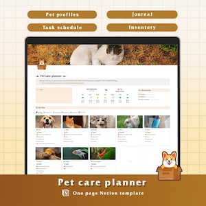 Può includere: Un modello digitale Notion per la pianificazione della cura degli animali domestici visualizzato su uno schermo. L'interfaccia include sezioni per profili di animali, un programma di attività, un diario e un inventario con foto e icone.