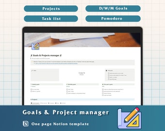 May include: A screenshot of a Notion template for managing goals and projects. The template is titled "Goals & Projects manager" and features sections for daily, weekly, monthly, and yearly goals, as well as a section for projects.