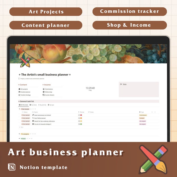 Notion art business tracker, commission planner, content planner, art business dashboard, artist template, notion template